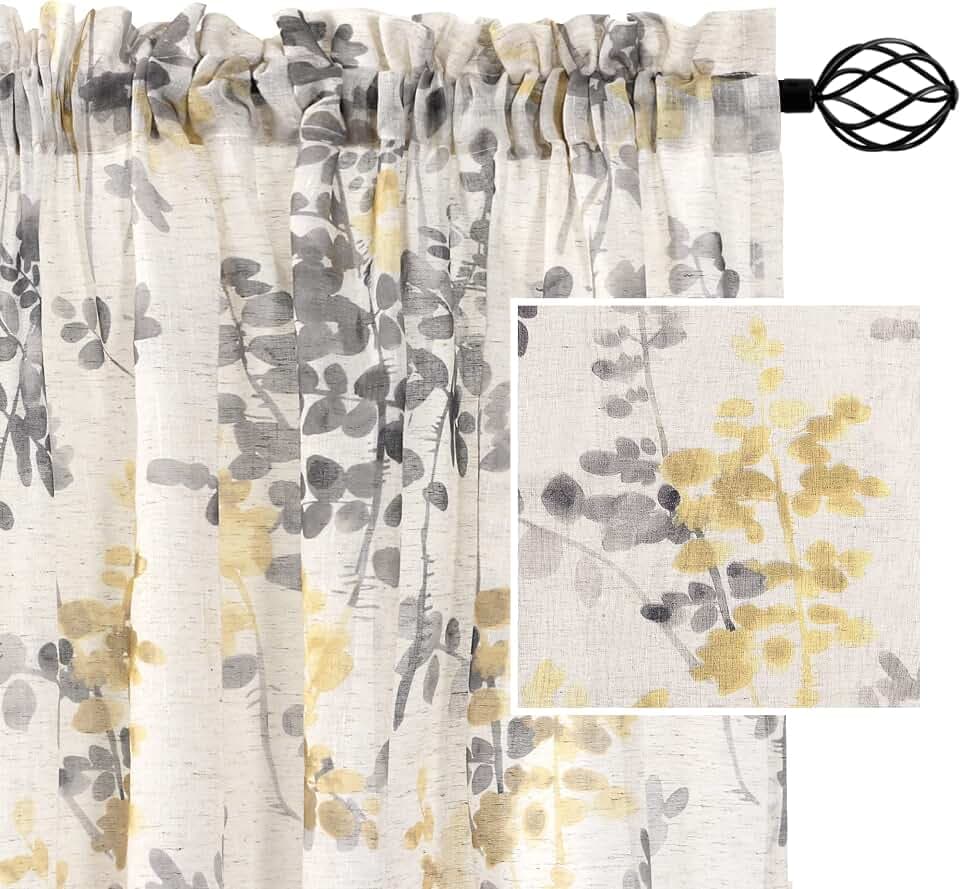 H.VERSAILTEX Linen Sheer Curtains for Living Room Curtains 84 Inches Long Light Filtering Rod Pocket Window Sheer Linen Curtains for Bedroom, 2 Panels, Classical Floral Printing Yellow and Taupe