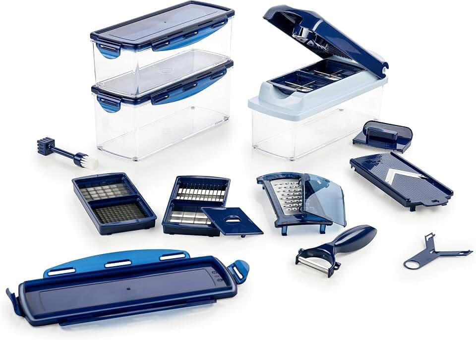 Genius Nicer Dicer Plus (18 Teile) in saphirblau - Obstschneider Zwiebelschneider Pommesschneider Tomatenschneider Gemüseschneider - Würfel, Stifte, Scheiben, Streifen