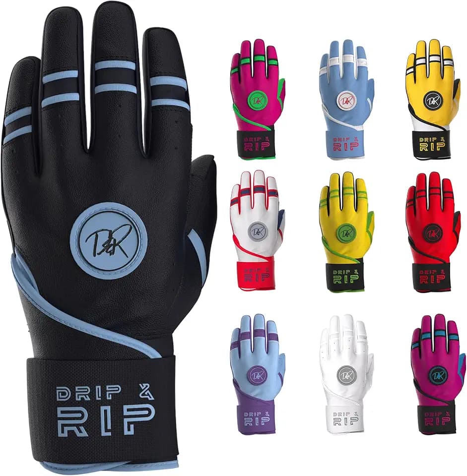 Drip & Rip Baller Series - Youth Batting Gloves + Adult Batting Gloves - for Softball and Baseball - Long Cuff Leather Style for Adult and Youth