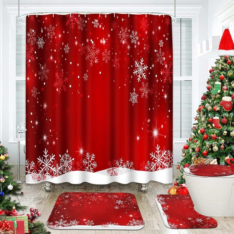 ArtSocket Christmas Bathroom Sets with Shower Curtain and Rugs, Red White
