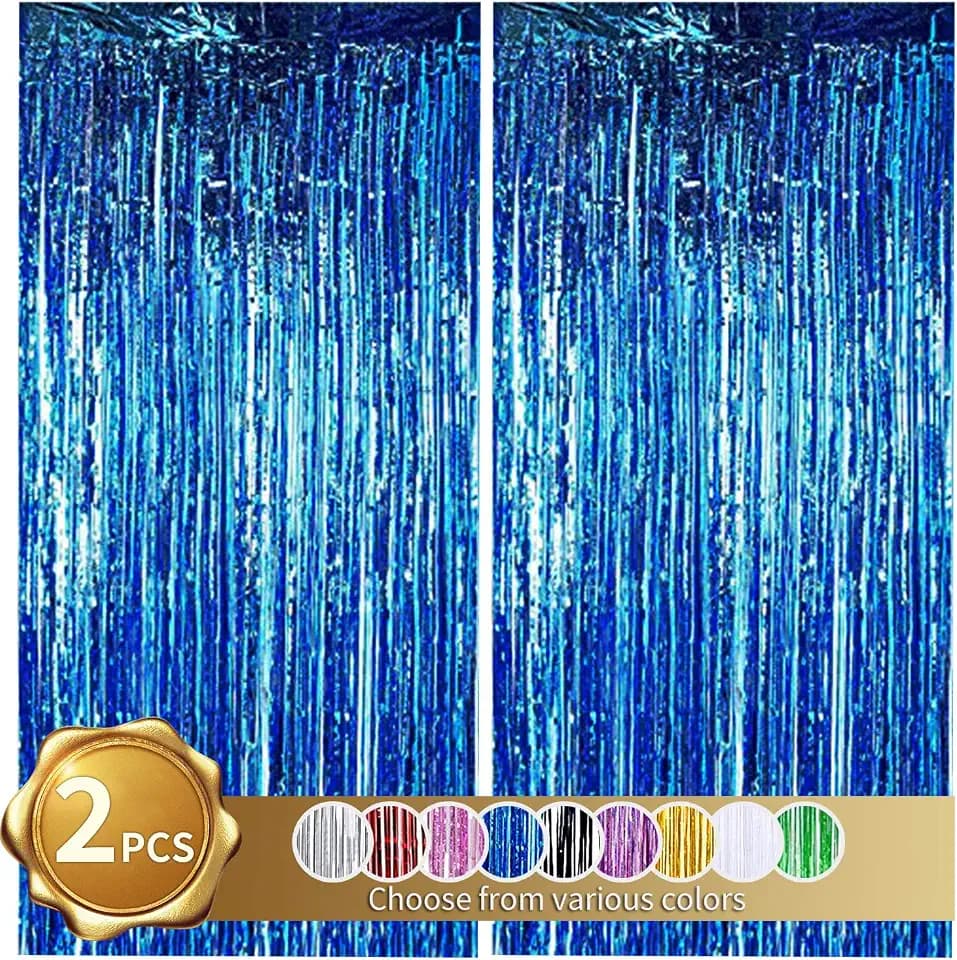 BEISHIDA 2 Pcs Blue Door Streamers Tinsel Curtain Party Backdrop Fringe Foil Wall Background for Birthday Halloween Christmas Wedding Boys Baby Shower Party Decoration(3.28 ft x 6.56 ft)
