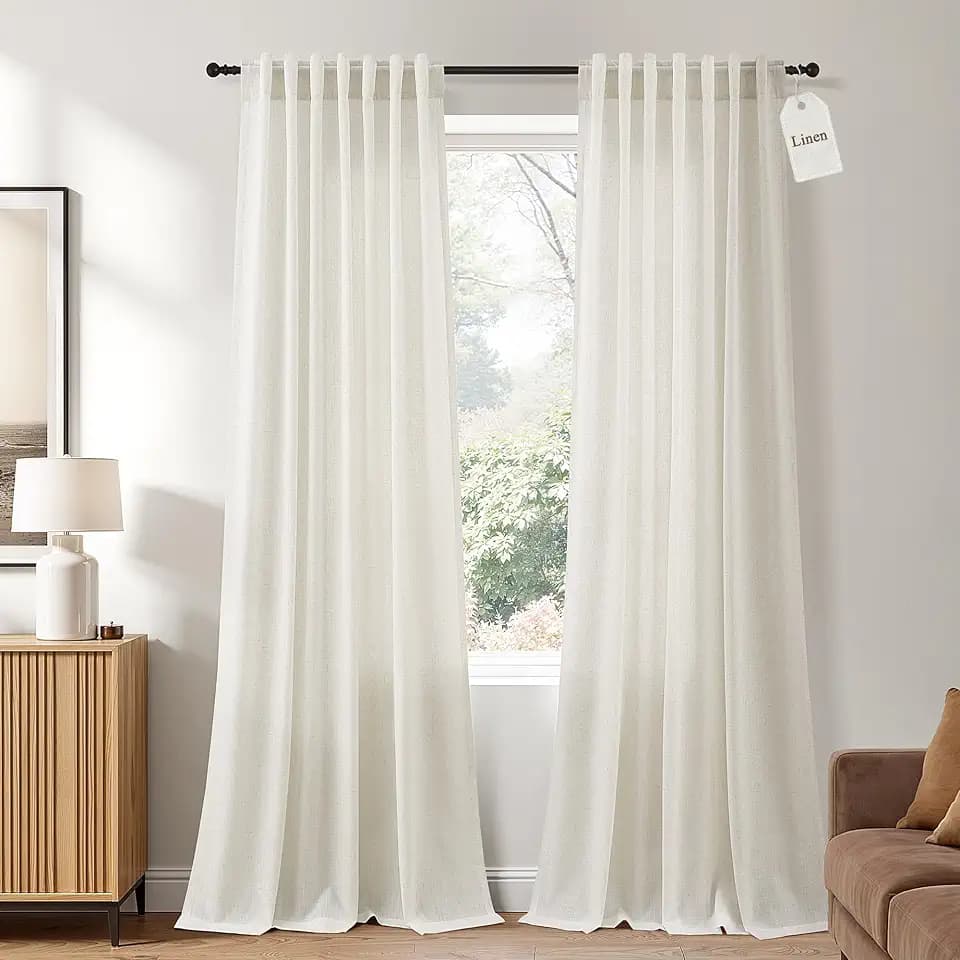 Naturoom Linen Curtains 96 Inch Long 8ft for Living Room White 2 Panels
