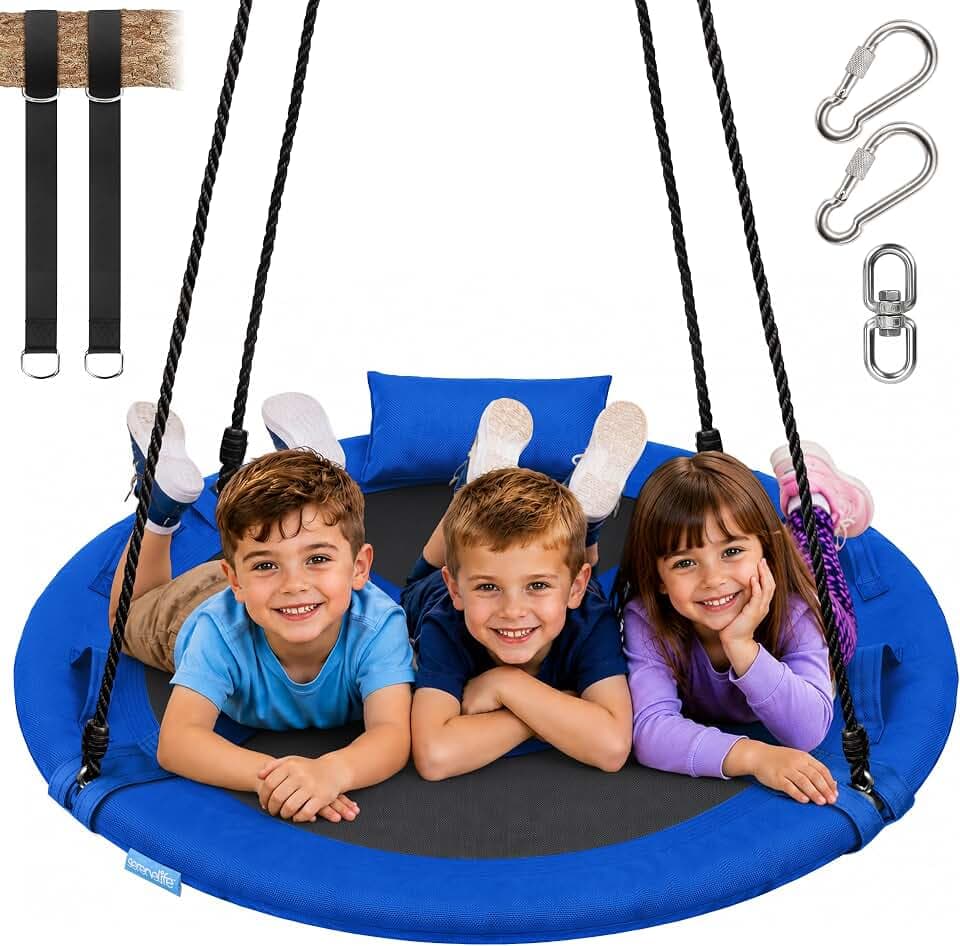 SereneLife 40 Inch Saucer Tree Swing, 900lb Outdoor Flying Swing for Kids, 900D Oxford Waterproof Seat, Tree Hang Kit with 2 Adjustable Straps, Center Swivel Spinner and Multi-Strand Ropes, Blue