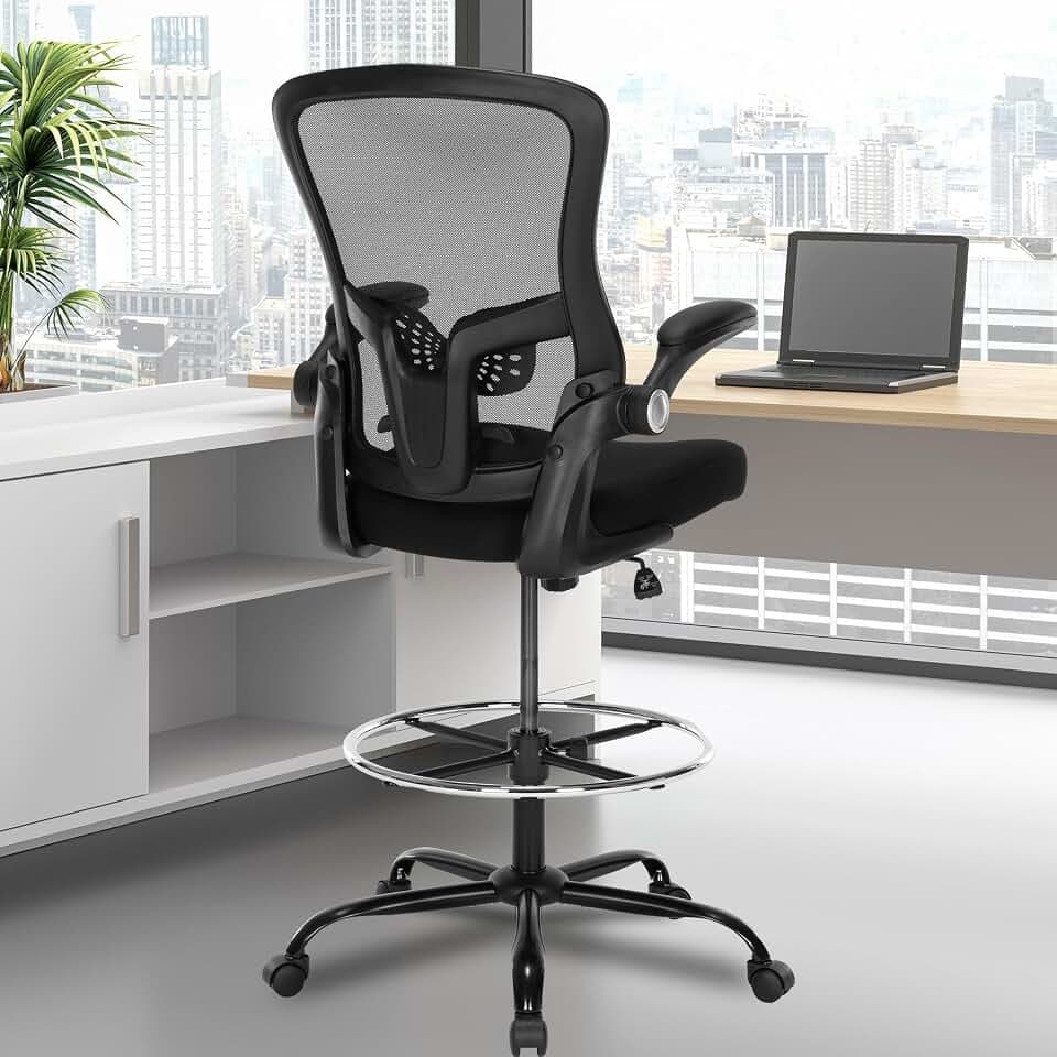 Ergonomic Drafting Chair – Tall Office Chair for Standing Desk, Adjustable Height Mesh Chair with Footrest and Flip-Up Arms, Counter Stool, Black