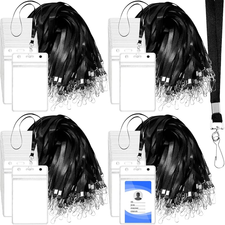 Harloon 300 Pack Clear ID Badge Holder with Lanyard 2.75 x 4.53 Inch Bulk Waterproof Vertical Card Holders with Flat Neck Lanyards and Swivel Hooks for Cruise, School, Office Supplies(Black)