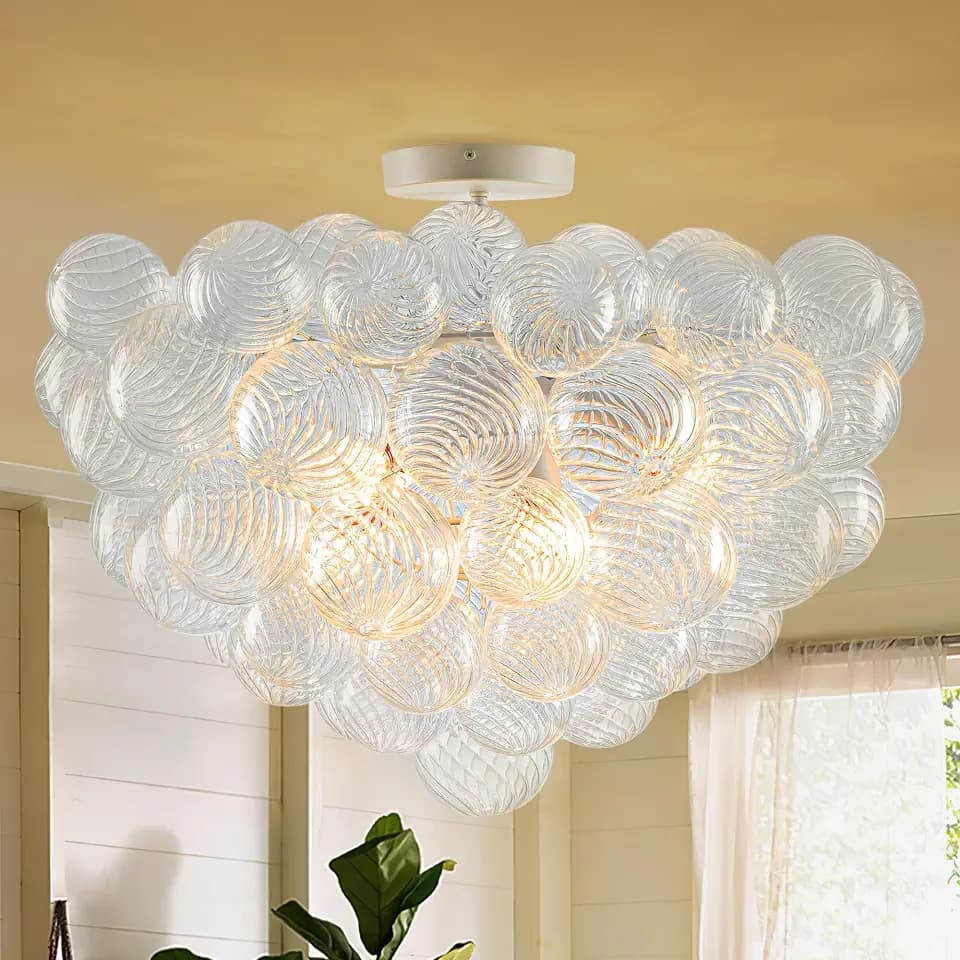 Bubble Glass Chandelier White Semi-Flush Ceiling Light 24" 6-Light