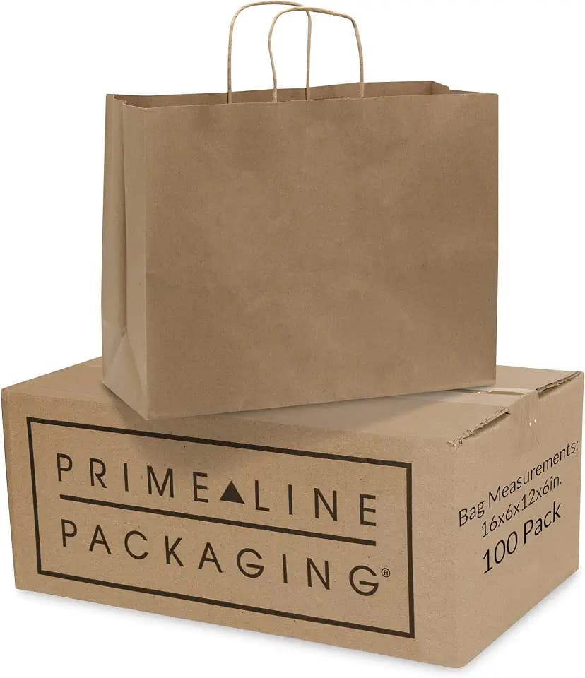 Prime Line Packaging Large Brown Paper Bags with Handles, 16x6x12, 100 Pack