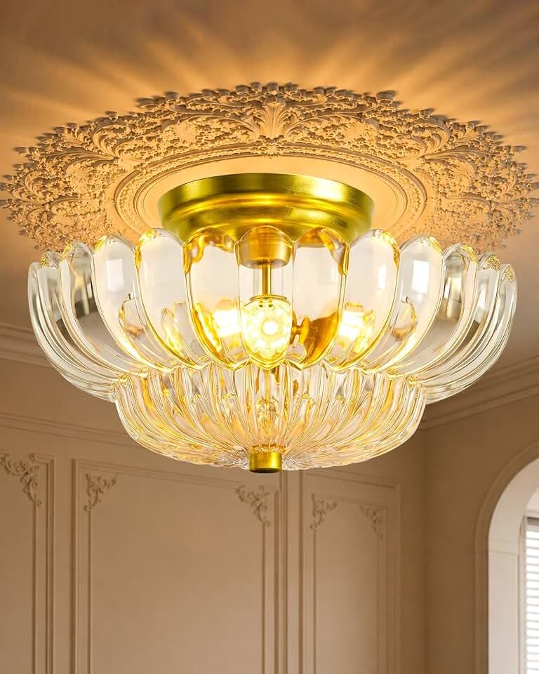 Semi Flush Mount Ceiling Light Fixture 11.8" Vinatge Gold Ceiling Lights Mid Century Modern Clear Glass Close to Ceiling Lighting Fixtures for Bedroom Hallway Foyer Bathroom Kitchen Entryway