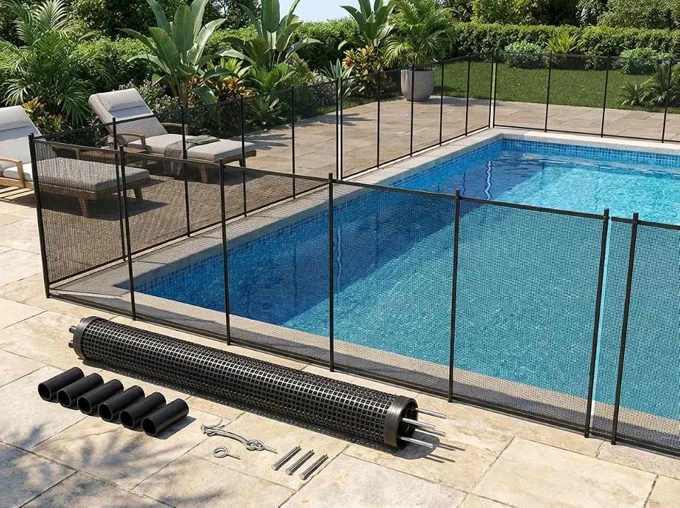Pool Fence, 4 x 12 ft Pool Fences for Inground Pool, Emovable Pool Safety Fence, Mesh Pool Safety Fence with Stainless Steel Feet Protects Kids and Pets