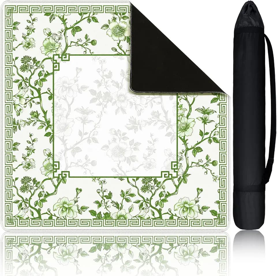 Green and White Floral Chinoiserie Mahjong Mat 31.5" x 31.5"