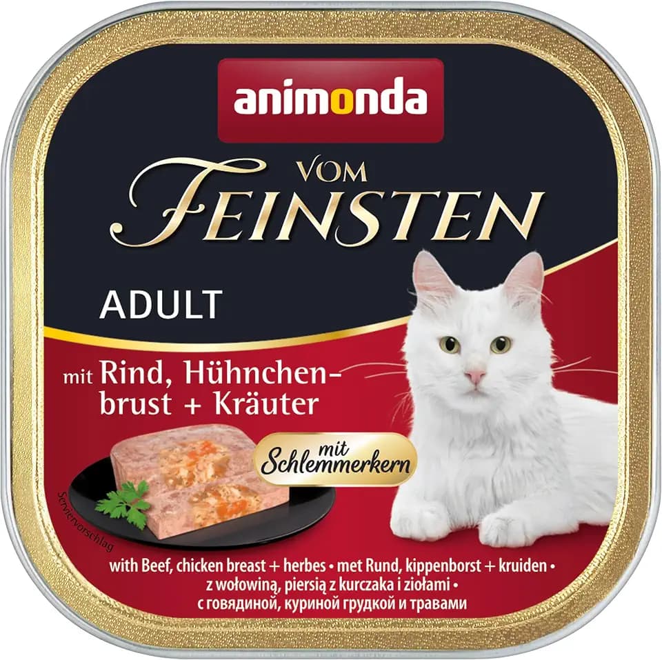 animonda vom Feinsten mit Schlemmerkern in Rind & Hühnchenbrust + Kräutern (32 x 100g), getreidefreies Katzenfutter nass ohne Zucker, mit frischen, fleischigen Zutaten