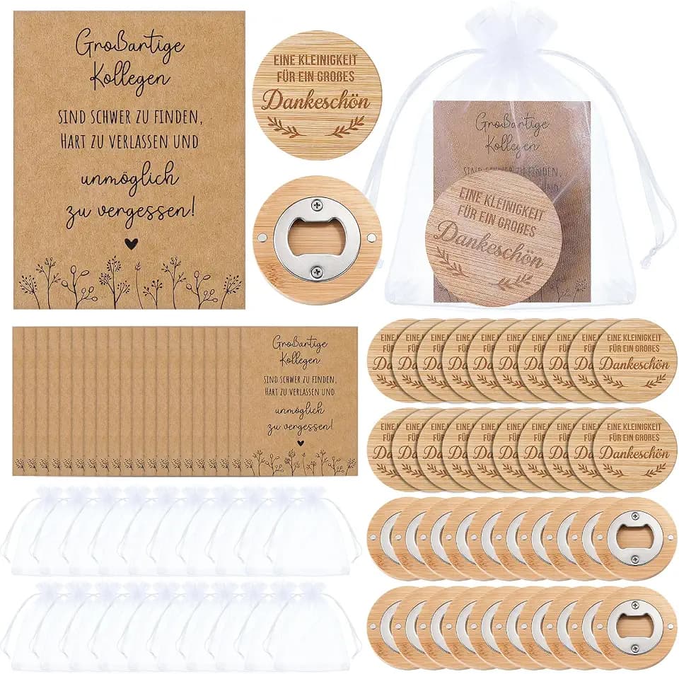 20 Sets Dankeschön Geschenk für Kollegen Flaschenöffner aus Holz Bieröffner Magnetisch mit Organzasäcken Danke Karten Abschiedsgeschenke für Lehrer Team Mitarbeiter Abschluss Hochzeit
