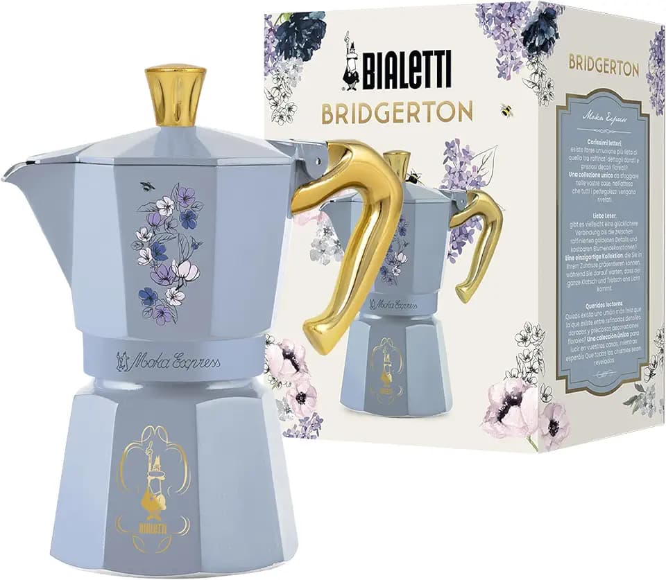 Bialetti Moka Express Bridgerton 6 Tassen, Griff mit Verbrühschutz, nicht für Induktion geeignet, 6 Tassen (270 ml), Aluminium, Himmelblau, Wit