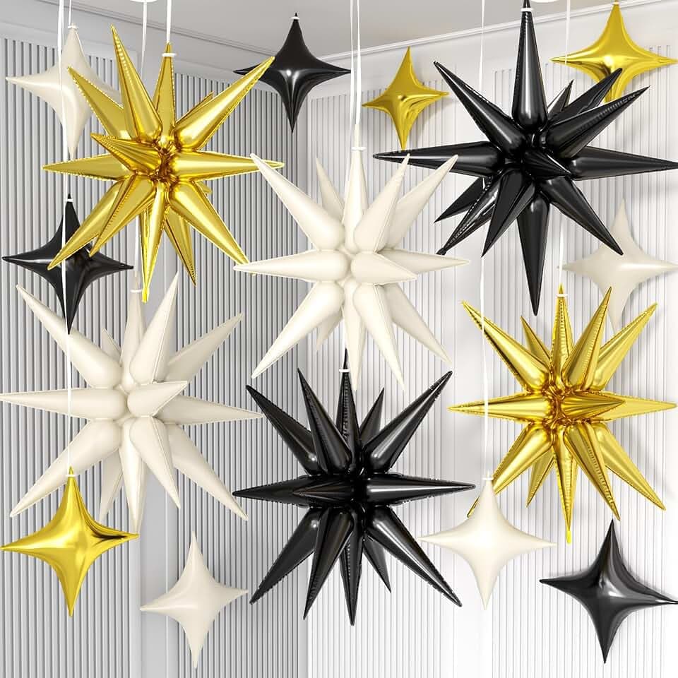 Black White Gold Star Balloon,Sand White Gold 6Pcs 22Inch Explosion Star Balloons and 10Pcs 10Inch Four Angle Balloons Kit for Birthday Anniversary Baby Shower Wedding Party Decorations