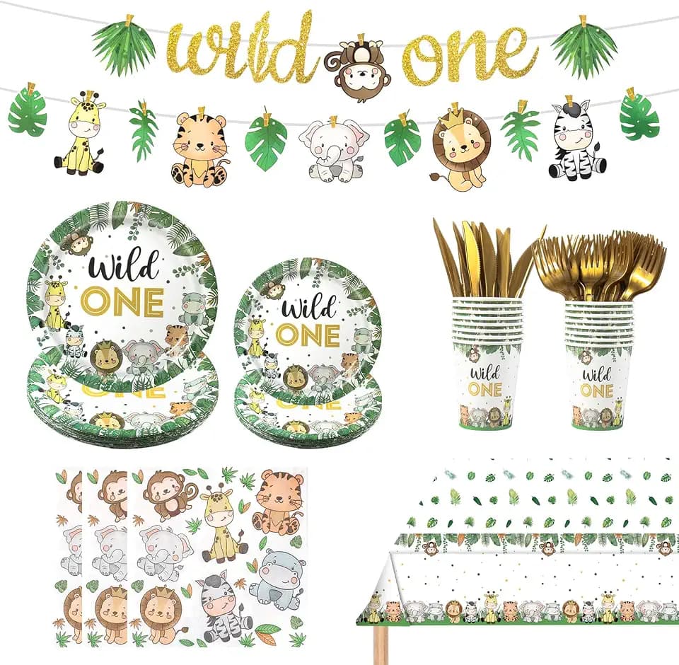 182pcs Jungle Safari Theme Birthday Party Supplies,Serve 30
