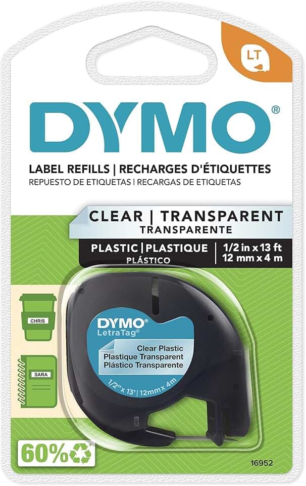 DYMO - DYM16952 Authentic LetraTag Labeling Tape for LetraTag Label Makers, Black Print on Clear pastic Tape, 1/2'' W x 13' L, 1 roll (16952)