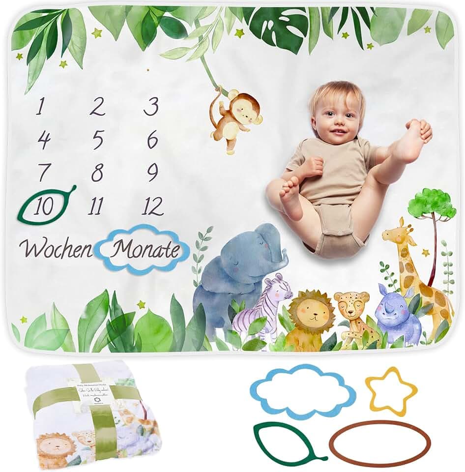 Baby Meilenstein Decke auf Deutsch | Monatsdecke Baby Junge & Mädchen, Unisex | Motiv Safari | Personalisiertes Neugeborenen-Geschenk für Mütter | Babydecke | Meilensteindecke und Rahmen