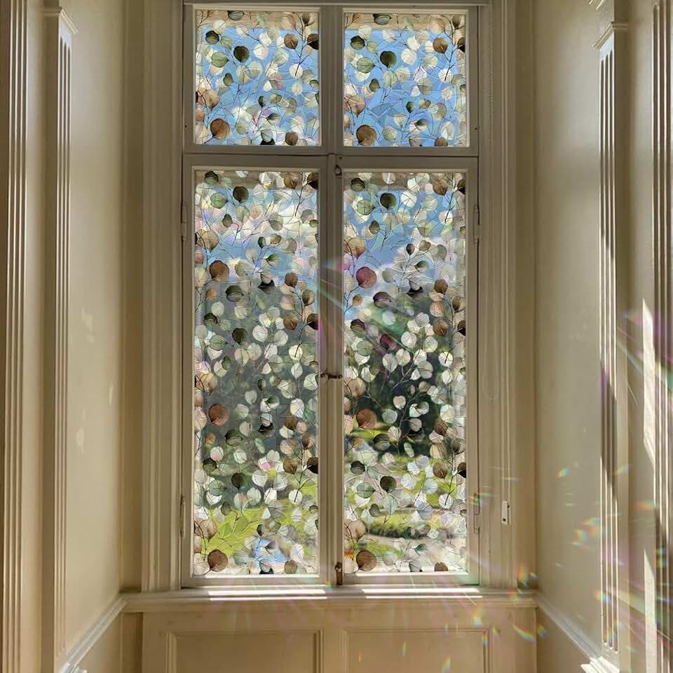 Runtoo Window Privacy Film Rainbow Eucalyptus Leaves Boho Window Clings 3D Decorative Vinyl Stained Glass Botanical Green Leaf Decals Static Sticker Non-Adhesive, 15.75 x 40 inches
