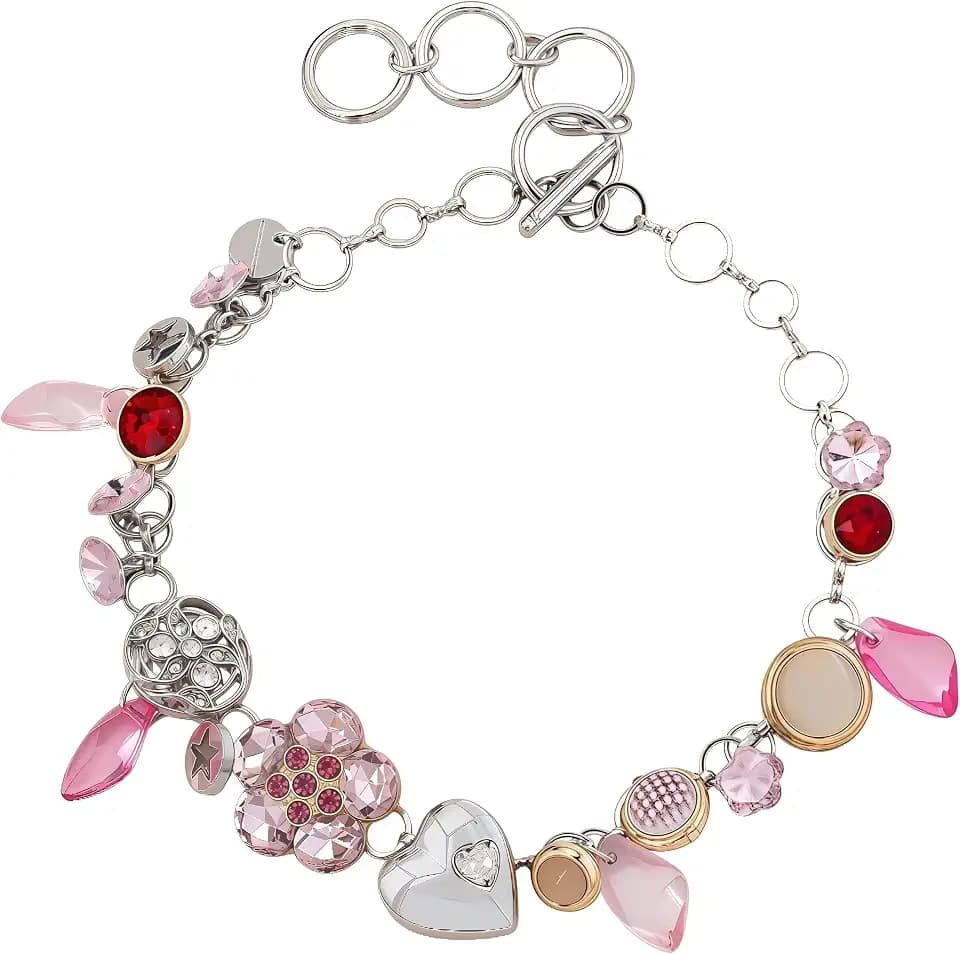 Y2K Style Necklace For Women Heart Pendant Flowers Rhinestone Necklace Gemstone Chunky Pink Diamond Jewel Necklace Fantasy Costume Jewelry Women