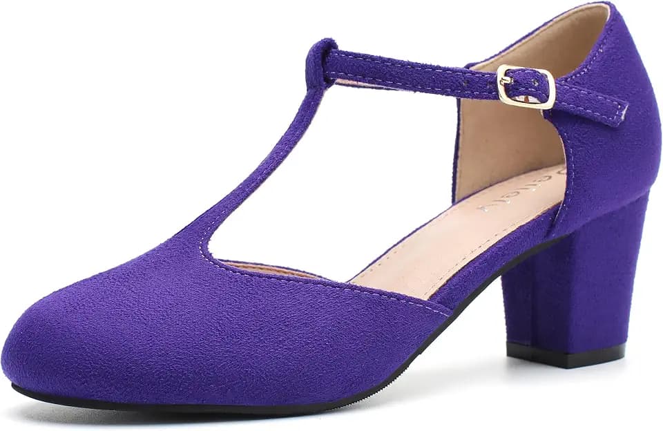 Women's T-Strap Mary Jane Pumps, Block Heel, Closed Toe, Dress Shoes with Buckle