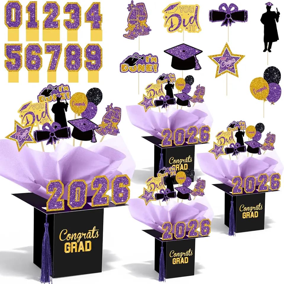 4 Sets 95 Pcs 2026 Graduation Table Decorations Congrats Grad Centerpieces Graduation Cap Shaped Box Congratulate Centerpiece Sticks Table Toppers Congrats Numbers Cutouts(Purple)