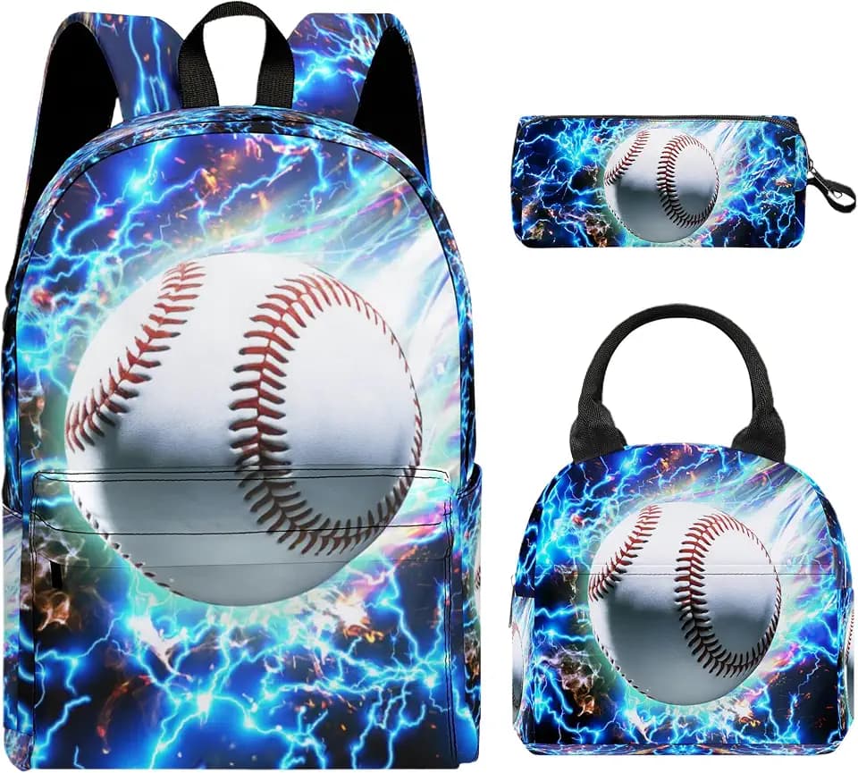 3PCS Backpack for Boys Girls, Kids Back To School Backpack Sets with Lunch Bag Pencil Case, Large Capacity 17 Inch Bookpack 3 in 1 Set for Teens Elementary Middle High School Students (Baseball)