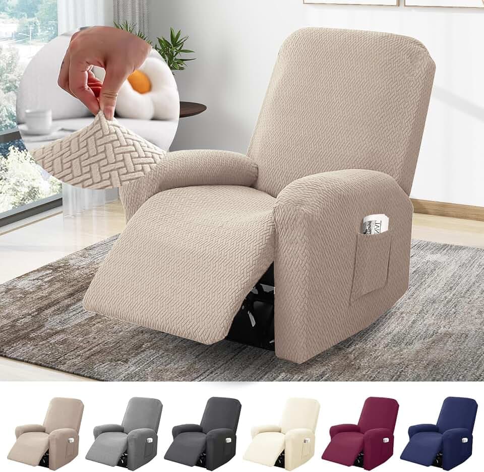 1-Sitzer Sessel Überzug, Sesselbezuge Stretch mit Taschen, All-Inclusive Streifen-Jacquard Sesselschoner für Fernsehsessel Relaxsessel Sesselhusse (Taupe, 4-Teilig)