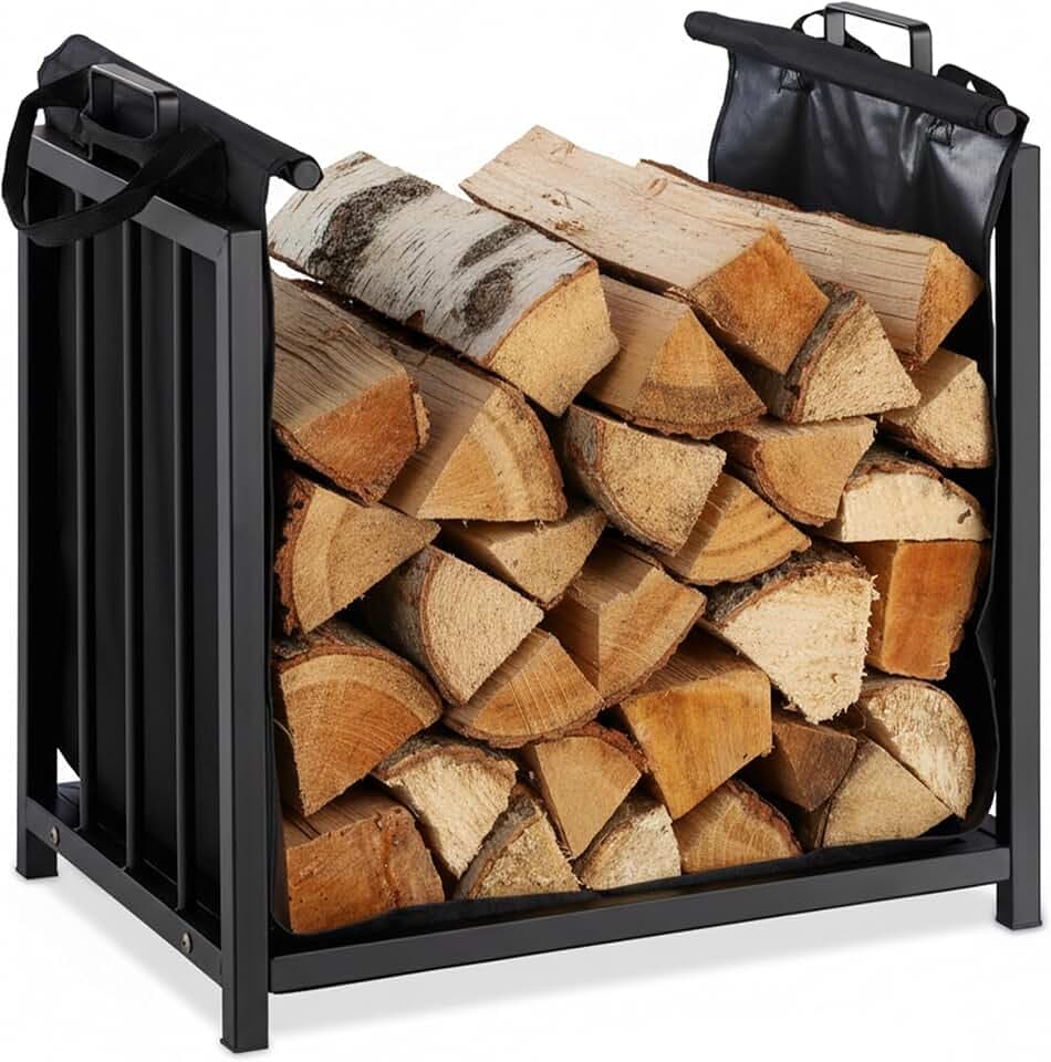 Relaxdays Kaminholzständer mit Holztragetasche, für innen, schwarz