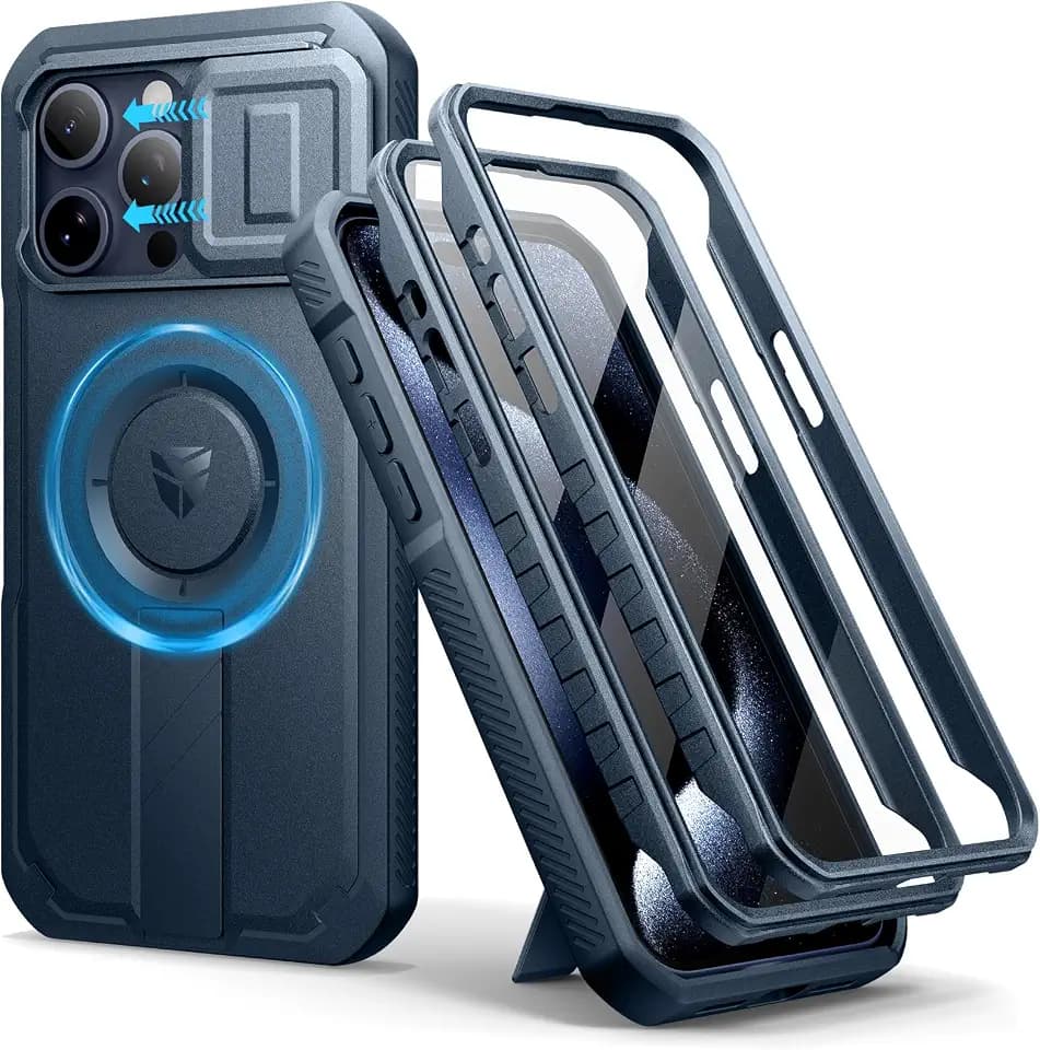 Dexnor for iPhone 15 Pro Max Case with Slide Camera Cover & Adjustable Kickstand & Built-in Screen Protector, Magnetic Rugged Shockproof Bumper Cases Heavy-Duty Magnetic Protective Cover,Navy Blue