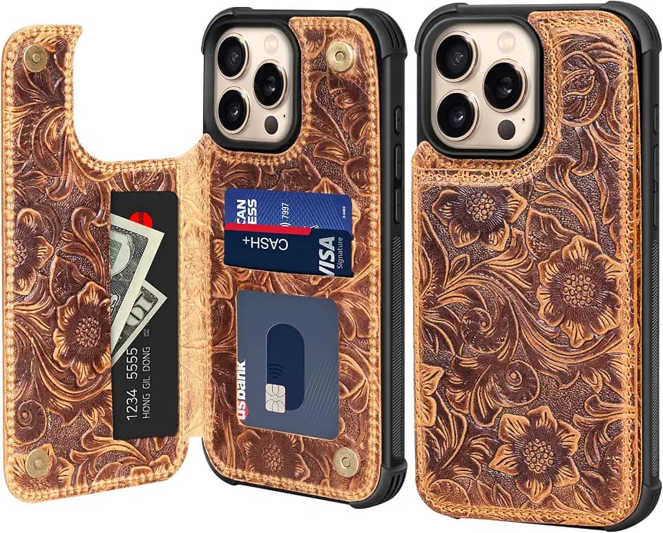 Wallet Real Leather Case Compatible with iPhone 13 Pro 6.1" Brown