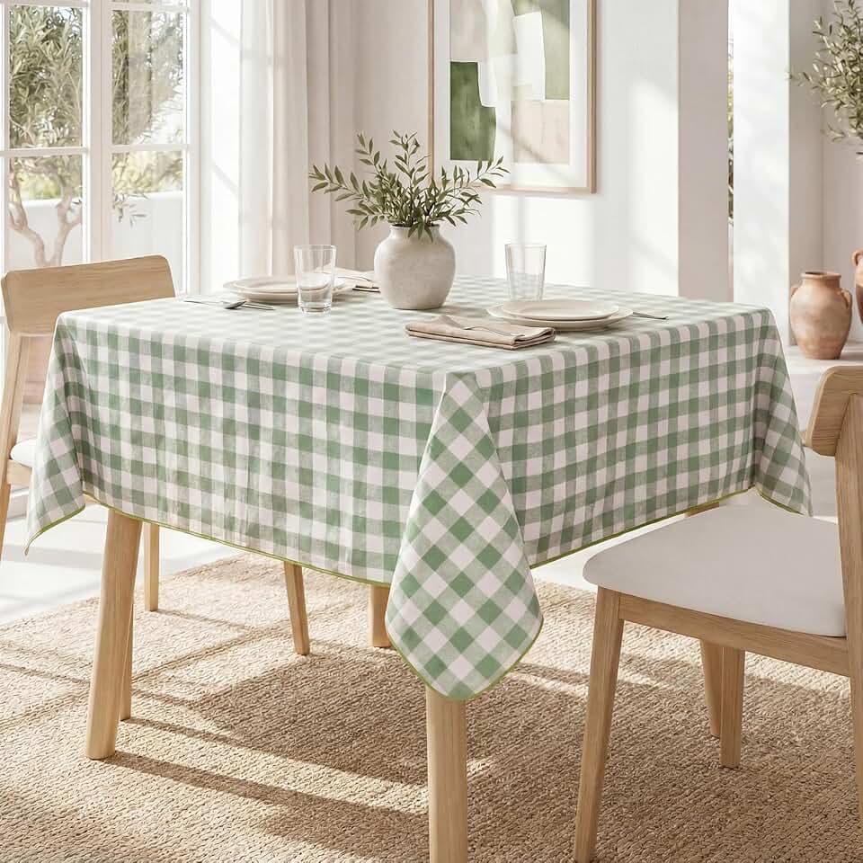 Wachstuch Tischdecke Outdoor 120x120 cm Wetterfest quadratisch Salbeigrün-Weiß kariert, abwaschbar, abwischbar für Balkon, Terrasse, Garten, Geburtstag, Couchtisch,Party und Draußen