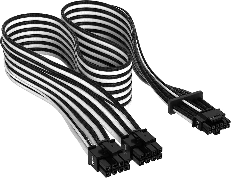 Corsair Premium 600W PCIe 5.0 / Gen 5 12VHPWR-Netzteilkabel – Passend für Typ-4-Netzteile über Zwei 8-Pin-PCIe-Anschlüsse – 12+4-Pin-Stecker – Mesh-Paracord-Ummantelung – Schwarz/Weiß