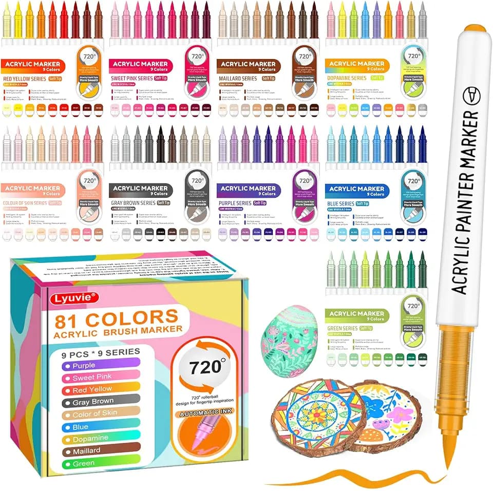 Lyuvie 81 Farben Acrylstifte für Steine Wasserfest,1-6mm Pinsel Acrylmarker -Wasser Basierte Permanente Acrylic Paint Marker für Holz,Rock,Stein, Papier, Stoff, Kieselsteine Glas,Kunststoff