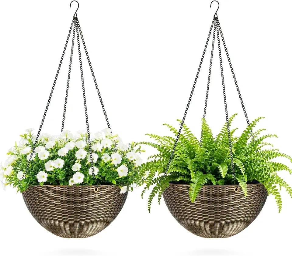 ZMTECH 2 Pack 12 Inch Rattan-Look Hanging Planter Baskets for Indoor Outdoor Plants, Hanging Flower Pots with Drainage Plug & Metal Chain,Hanging Basket for Porch Patio Garden Decor Bronze