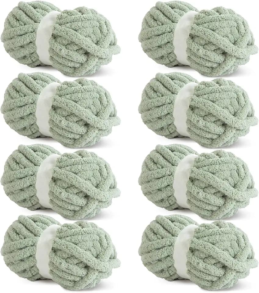 HOMBYS Sage Green Chunky Chenille Yarn for Crocheting, Bulky Thick Fluffy Yarn for Knitting,Super Bulky Chunky Yarn for Hand Knitting Blanket, Soft Plush, 8 Jumbo Pack (27 yds,8 oz Each Skein)