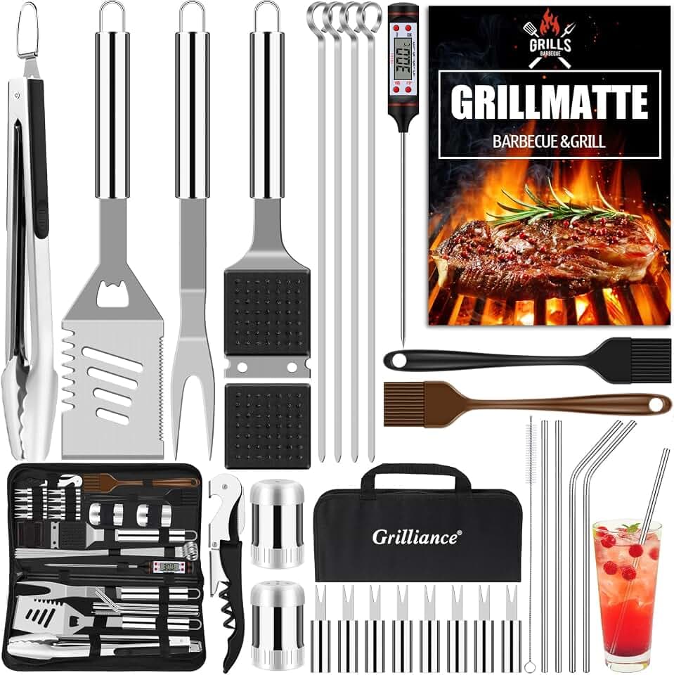 Grilliance BBQ Grillbesteck Set 30 Grillzubehör aus Hochwertiger Edelstahl Grillzange Grillspachtel Korkenzieher Grillset mit Grillkoffer und Grillmatte für Männer Geschenk für Garten Camping Silber