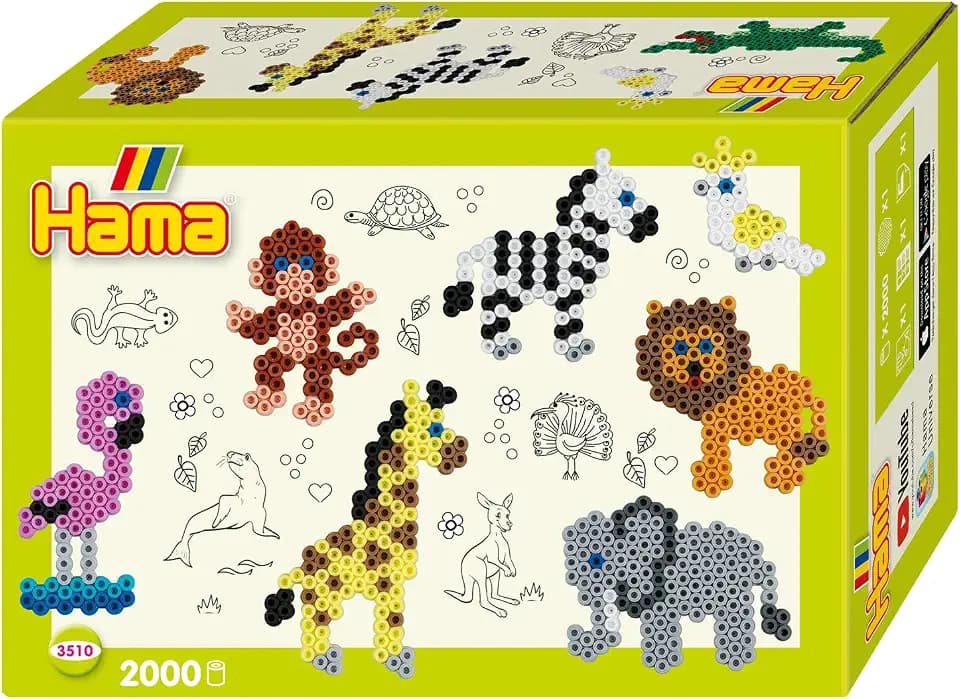 Hama Perlen 3510 Geschenk-Set Zootiere mit ca. 2.000 bunten Midi Bügelperlen mit Durchmesser 5 mm, Motivvorlage und Stiftplatte, inkl. Bügelpapier, kreativer Bastelspaß für Groß und Klein