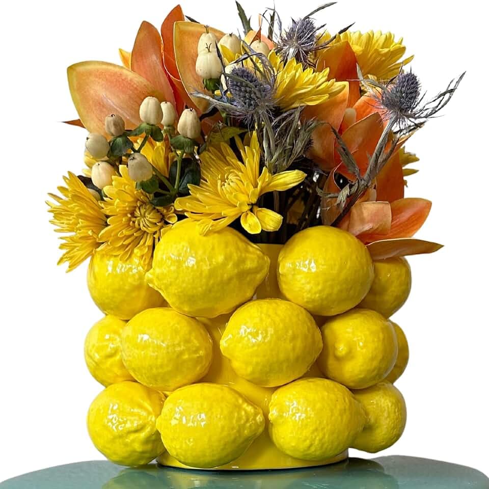 Zitronenvase – fröhliche gelbe Keramikvase im französischen/mediterranen Stil, einzigartige Vase mit 3D-Zitronen-Design, Zitronen-Küchendekoration, Geschenk zum Einzug