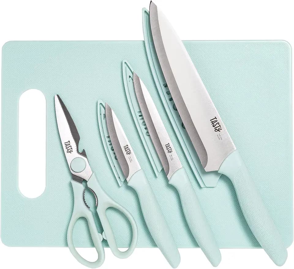 Tasty 5-Piece Cutlery & Cutting Board Set, High-Carbon Stainless Steel Knives with Soft Grip Handles, Reversible Cutting Board for Chopping & Serving, Aqua