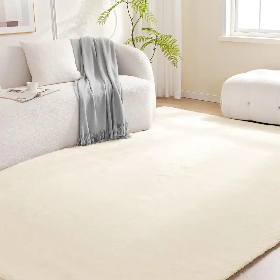 Amazon Basics Fluffy Washable Area Rug, Shaggy Carpet for Living Room, Bedroom, 6' W × 9' L, Beige