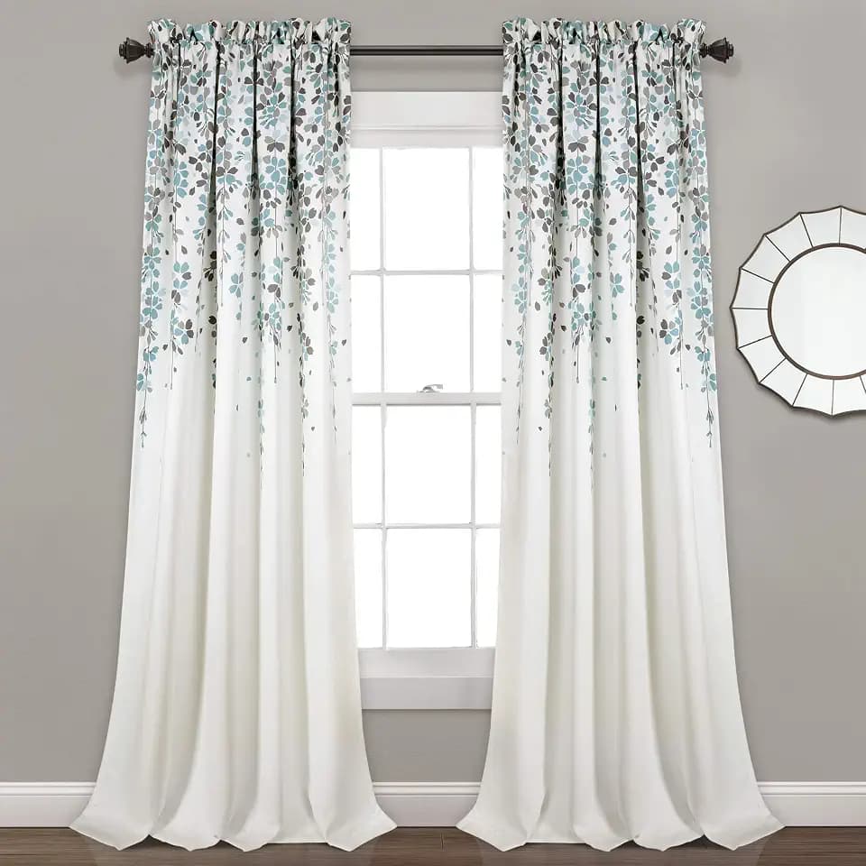 Lush Decor Weeping Flower Light Filtering Window Curtain Panels, Pair, 52"W x 95"L + 2" Header, Blue & Gray - Charming Modern Floral Curtains for Living Room, Dining Room, & Bedroom