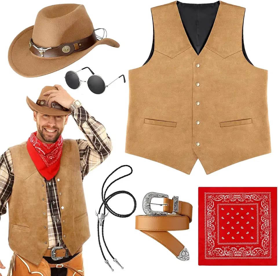 Vabean 6 Pcs Cowboy Costume Men Western Outfit Cowboy Vest Hat Necklace Belt Buckle Bandana Glasses for Rave Accessories