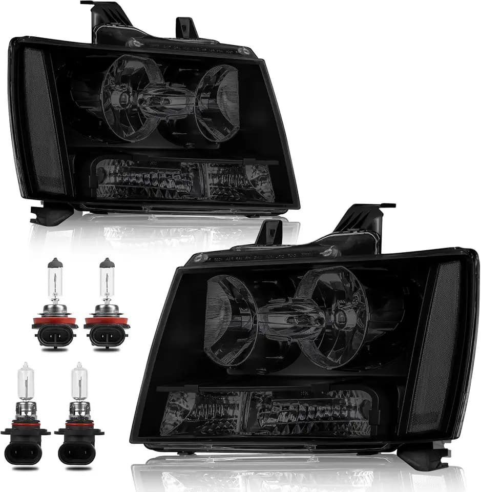 KUIPERAUTO Headlight Assembly Compatible for 2007-2014 Chevy Tahoe Suburban 1500 Compatible for 07-2013 Avalanche Suburban 2500 Front Lamp w/Bulb Black Housing/Smoke Lens/Clear Corner