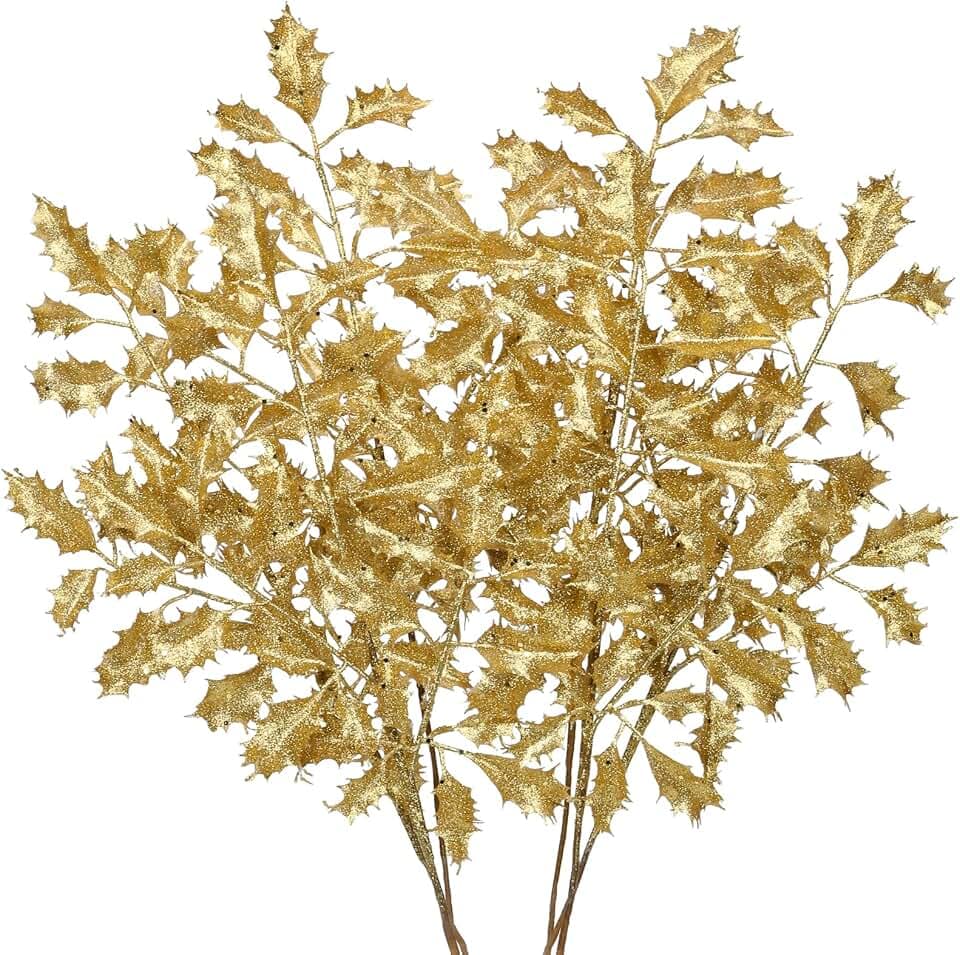 6PCS Kunstzweig Weihnachtsdeko Kunstpflanze Weihnachtsblätter Zweig Glitzernde Eichenblätter Dekozweig mit Glitzern, Länge 58CM