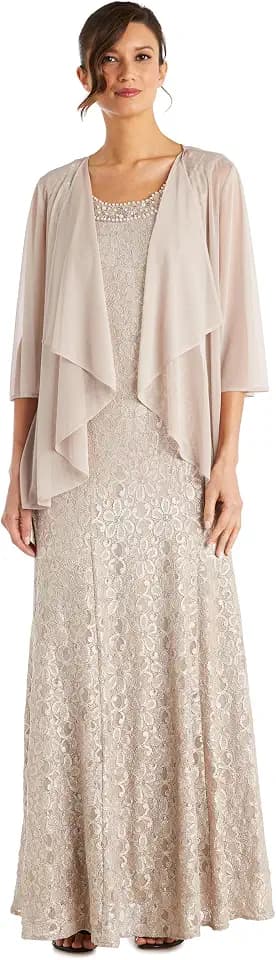 2-Piece Long Floral Glitter Lace Dress W/Beaded Neckline & Matte Chiffon Flyaway 3/4 Sleeve Jacket