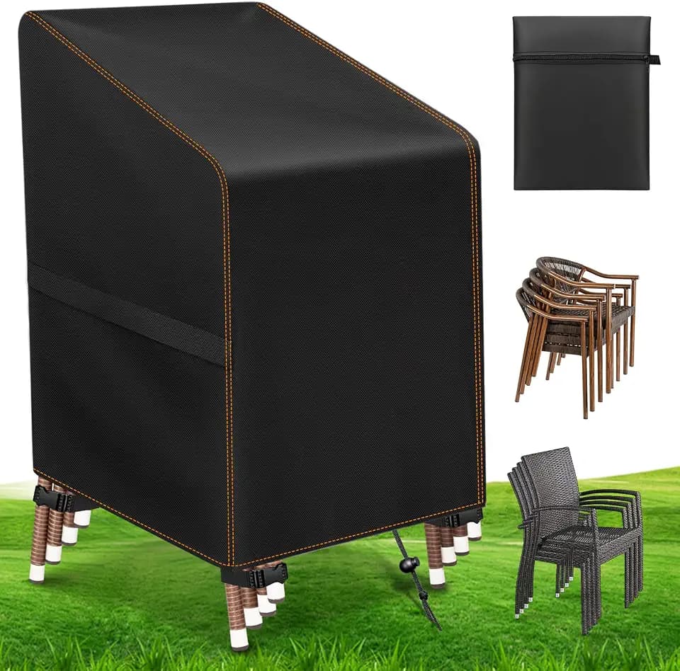 Gartenstühl Abdeckung Oxford Wasserdicht Winterfest (65x65x75/120cm) | Schutzhülle für Stapelstühle, Hochlehner, Gartenmöbel Abdeckhaube, Reißfest, Beinschnallen, Klettverschlüsse,Kordelzug