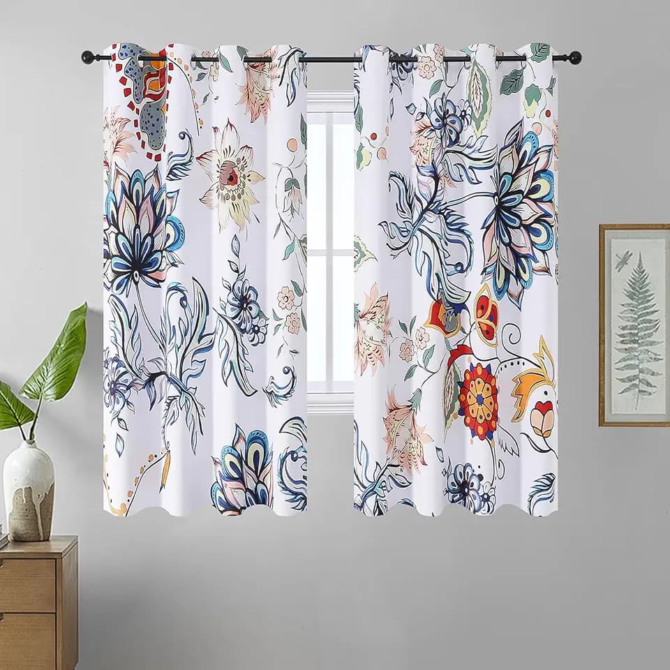 Boho Blue Floral White Blackout Curtains 63 Inches Long for Living Room