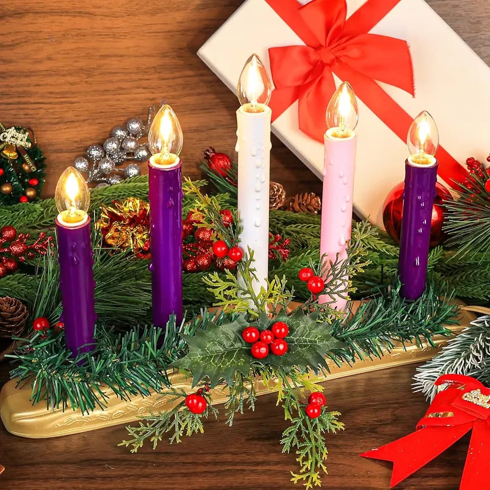 5 Light Christmas Electric Window Candles, Christmas Flameless Advent Candle Set with Pine Cones Purple Pink White Taper Candle 5 Bulbs 3ft Wire E12 Candelabra Base Window Candle for Home Table Decor