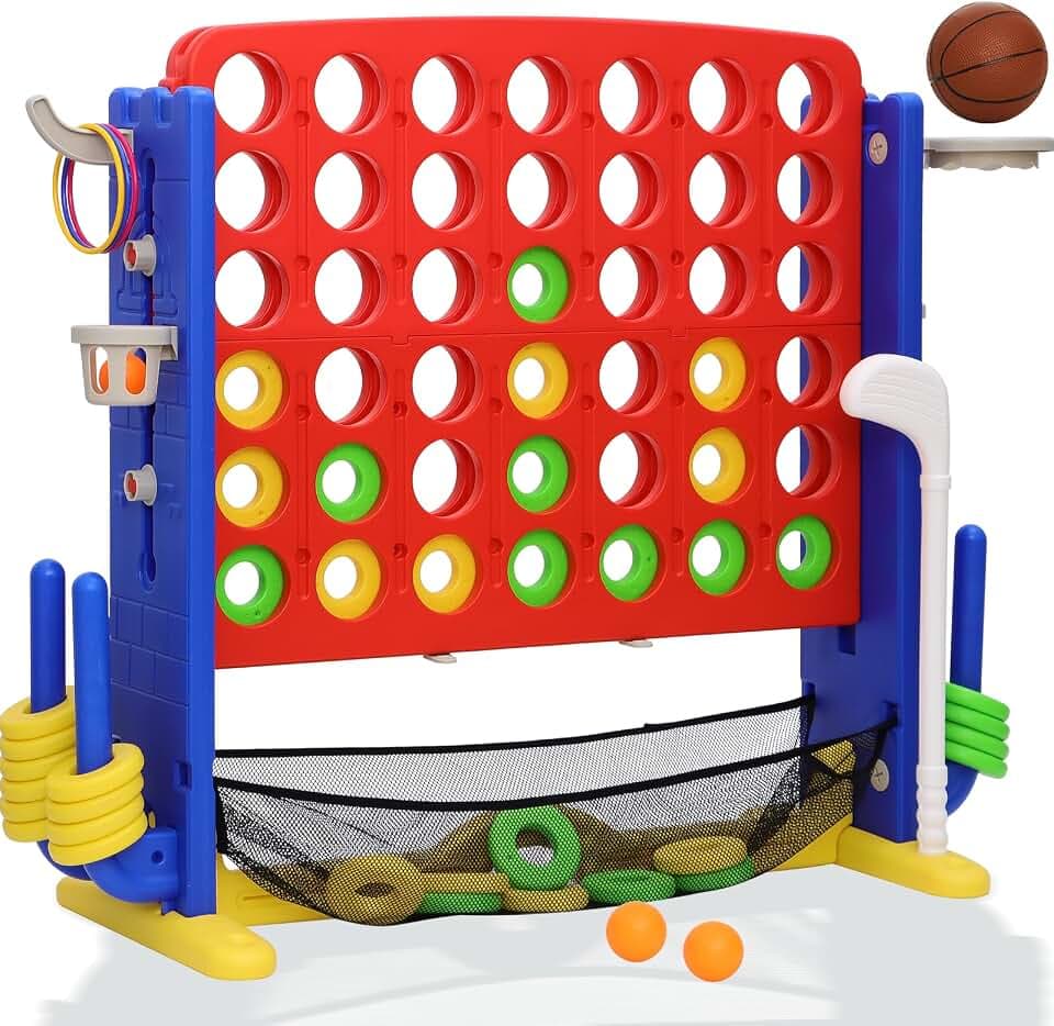 Giant 4 in A Row Game, Height Adjust Jumbo Yard Game Set for Kids & Adults with Mesh Catching Bag, Golf, Basketball Hoop & Ring Toss, 4-to-Score Connect Games for Indoor/Outdoor Fun