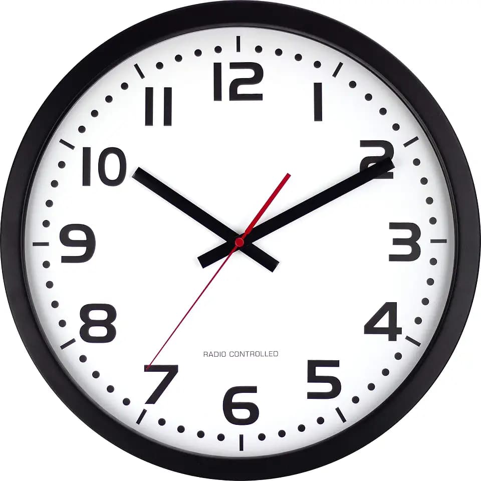 Eurotime Funkwanduhr,schrittsekunde, 40 cm, Metallrahmen Schwarz, Echtglas, klares 12-Zahlen Zifferblatt, automatische Zeitein- und Zeitumstellung, für Wohnbereich oder Büro, rote Sekunde,59990-05